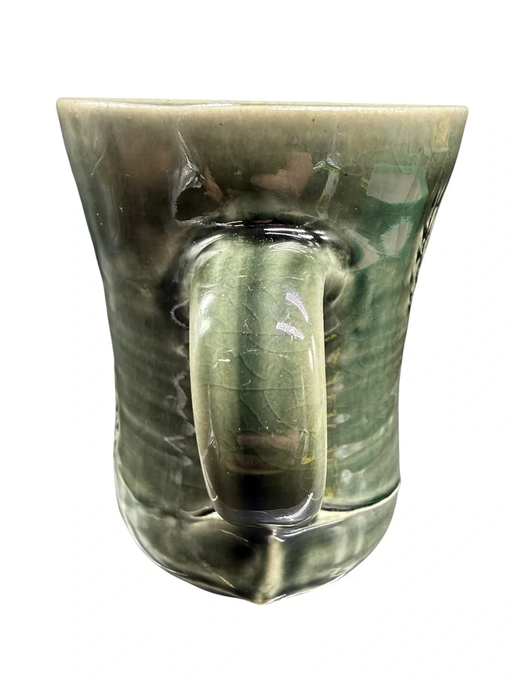 Studio Pottery Mug Green Drip Glaze Stoneware Coffee Cup Signed DTP J